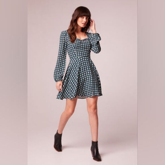 NWT Band of the Free GENEVIEVE TEAL DIAMOND LONG SLEEVE MINI DRESS XS - Picture 5 of 10